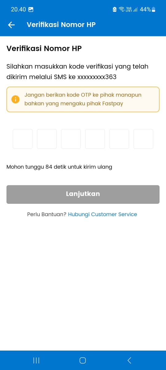cara daftar fastpay di android - verifikasi no HP fastpay