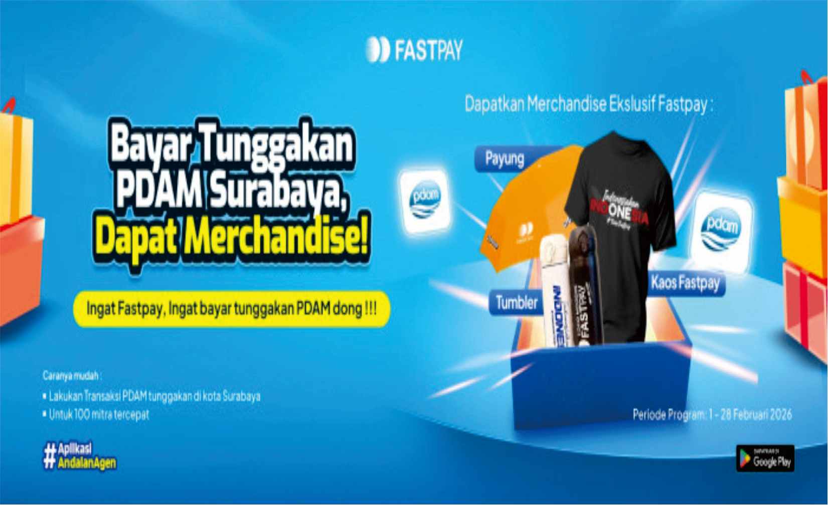 banner promo fastpay 2026 transaksi pdam surabaya dapat kaos, tumbler dan payung