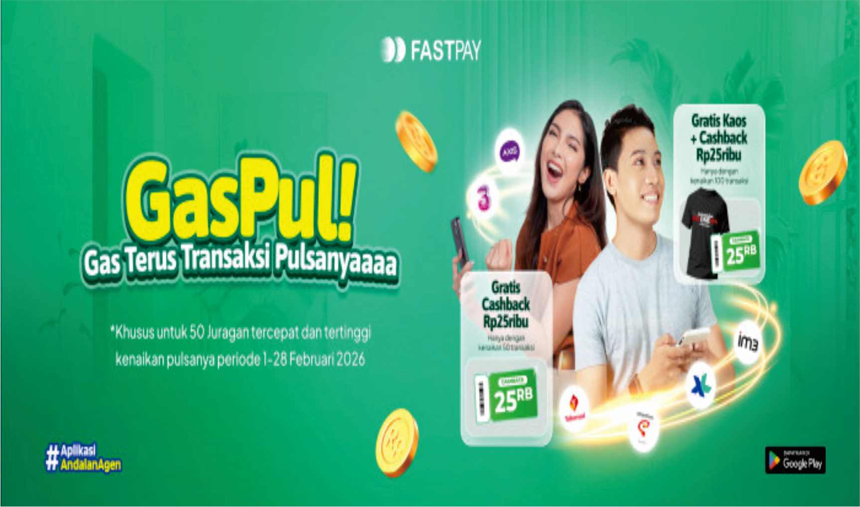 banner promo fastpay 2026 transaksi pulsa bonus kaos gratis dan cashback