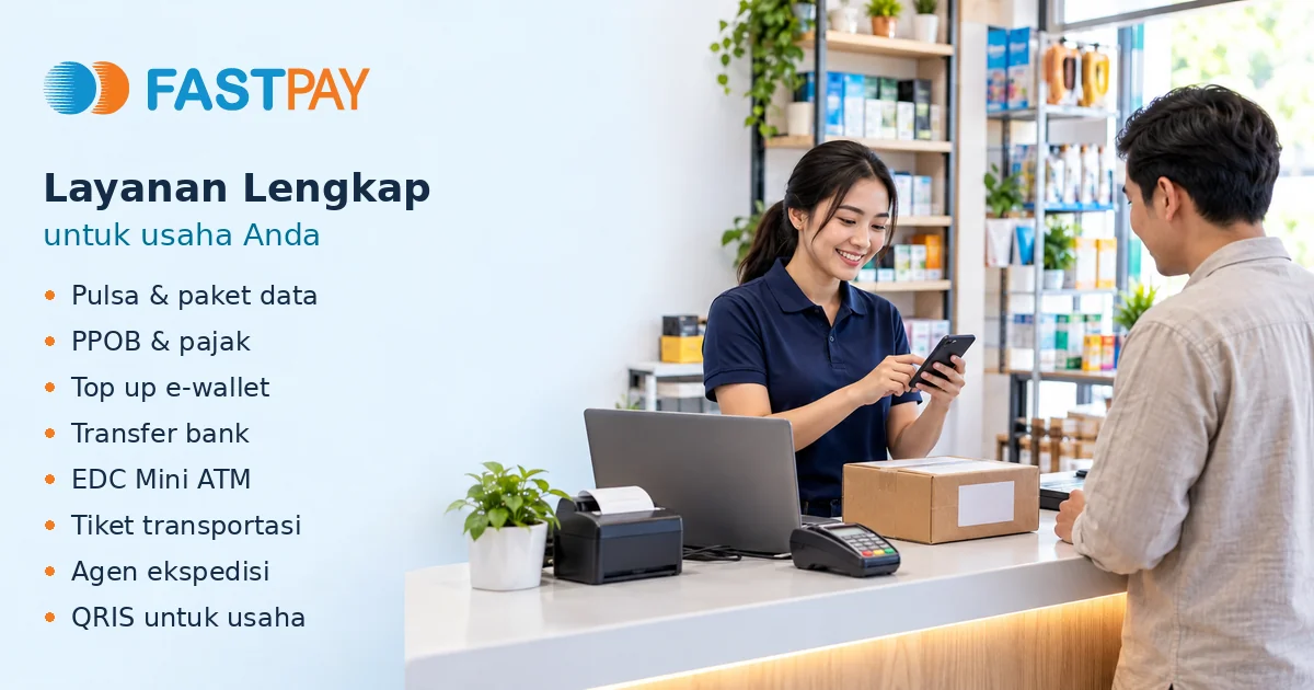 Ilustrasi agen Fastpay melayani pelanggan di loket dengan ponsel, printer struk, dan perangkat Mini ATM.