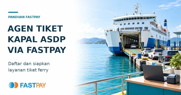 Ilustrasi ferry dengan kendaraan dan meja agen berisi laptop serta printer untuk panduan tiket ASDP Fastpay