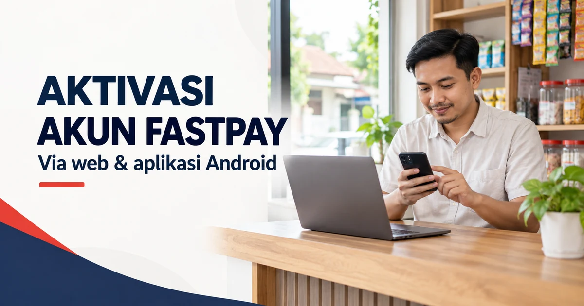 Ilustrasi pemilik usaha menggunakan HP dan laptop untuk panduan aktivasi akun Fastpay lewat web dan aplikasi Android.