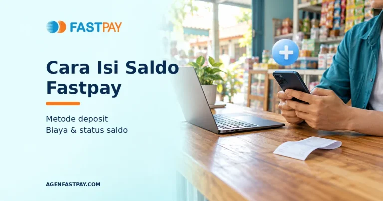 Ilustrasi isi saldo Fastpay melalui ponsel dan laptop dengan simbol tambah saldo untuk panduan metode deposit dan biaya.