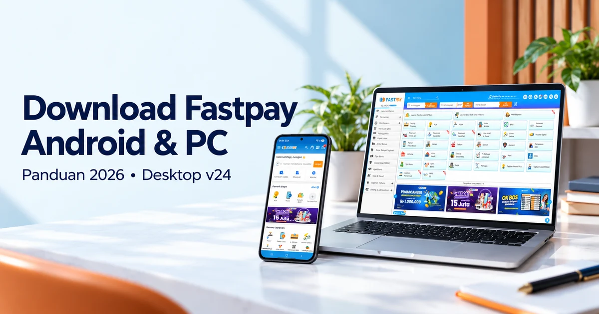 Download Fastpay 2026 dengan tampilan menu PC/web pada laptop dan beranda aplikasi Android pada ponsel.