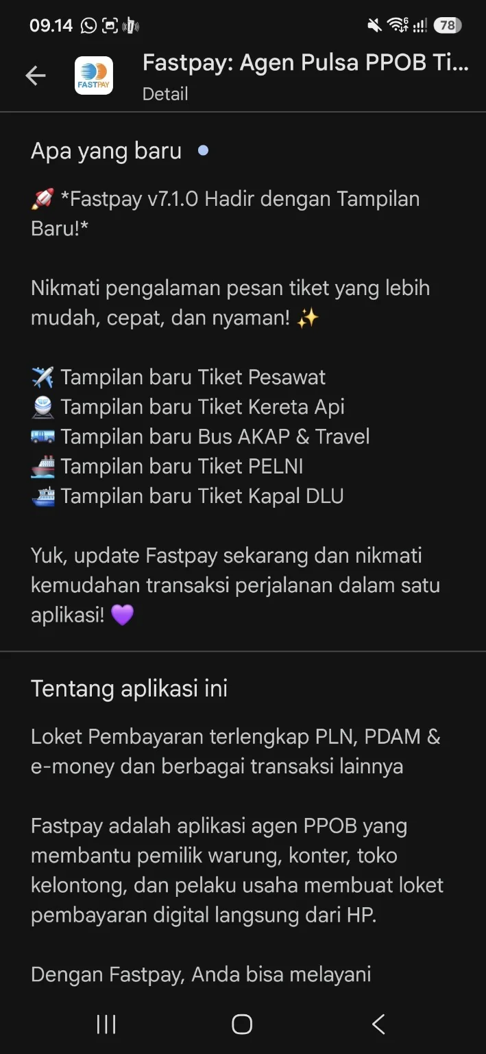 Catatan pembaruan Fastpay v7.1.0 di Google Play tentang tampilan layanan tiket.