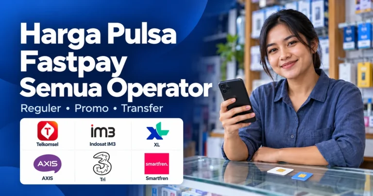 Harga pulsa Fastpay semua operator dengan logo Telkomsel, Indosat IM3, XL, AXIS, Tri, dan Smartfren, serta ilustrasi agen konter menggunakan ponsel.