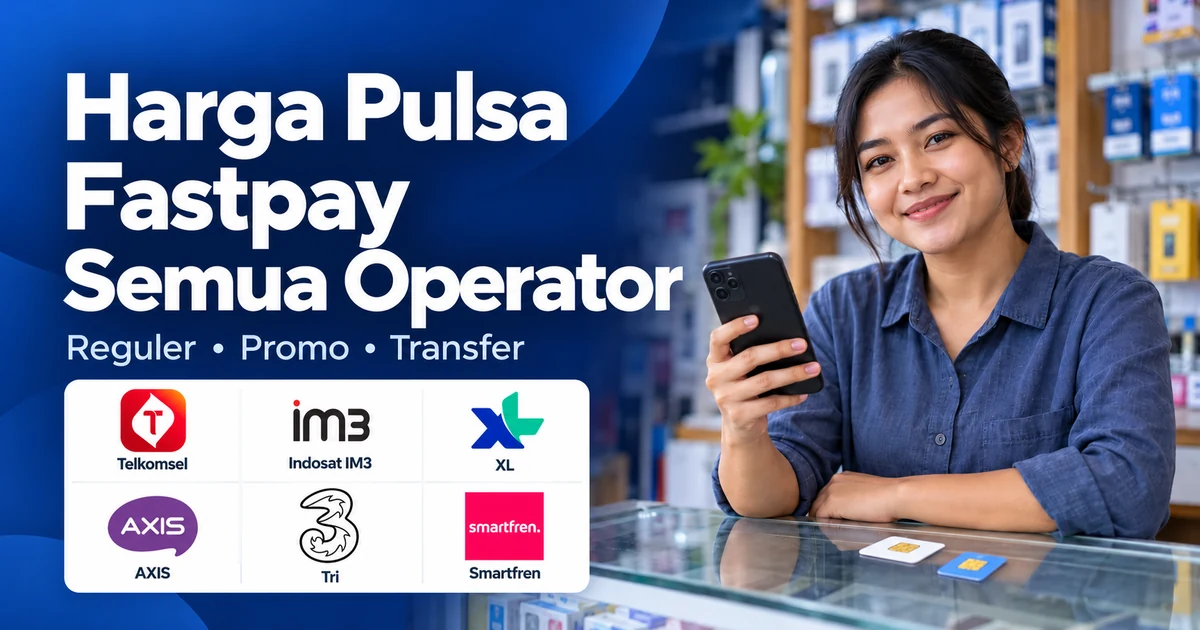 Harga pulsa Fastpay semua operator dengan logo Telkomsel, Indosat IM3, XL, AXIS, Tri, dan Smartfren, serta ilustrasi agen konter menggunakan ponsel.