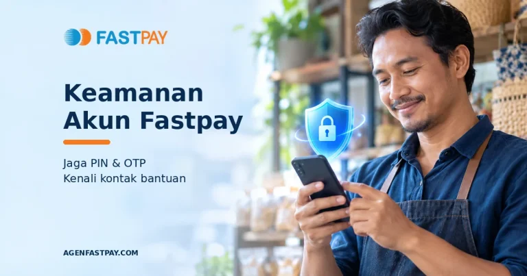 Ilustrasi agen menggunakan ponsel dengan simbol perisai dan kunci untuk panduan keamanan akun Fastpay, PIN, dan OTP.