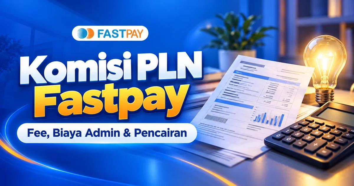 Panduan komisi PLN Fastpay, biaya admin dan pencairan fee dengan ilustrasi tagihan listrik serta kalkulator.