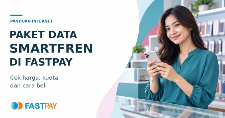 Panduan paket data Smartfren di Fastpay dengan ilustrasi agen menggunakan ponsel untuk memeriksa kebutuhan internet