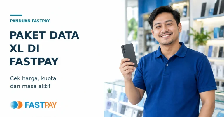 Panduan paket data XL di Fastpay dengan ilustrasi agen konter memegang ponsel