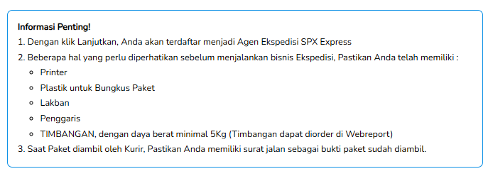 Informasi Fastpay untuk agen SPX: printer, perlengkapan bungkus paket, timbangan minimal 5 kg, dan surat jalan saat paket diambil kurir