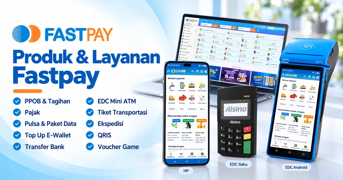 Banner layanan Fastpay dengan aplikasi PC/web di laptop, aplikasi Android di HP dan EDC Android, serta EDC Saku VM30.